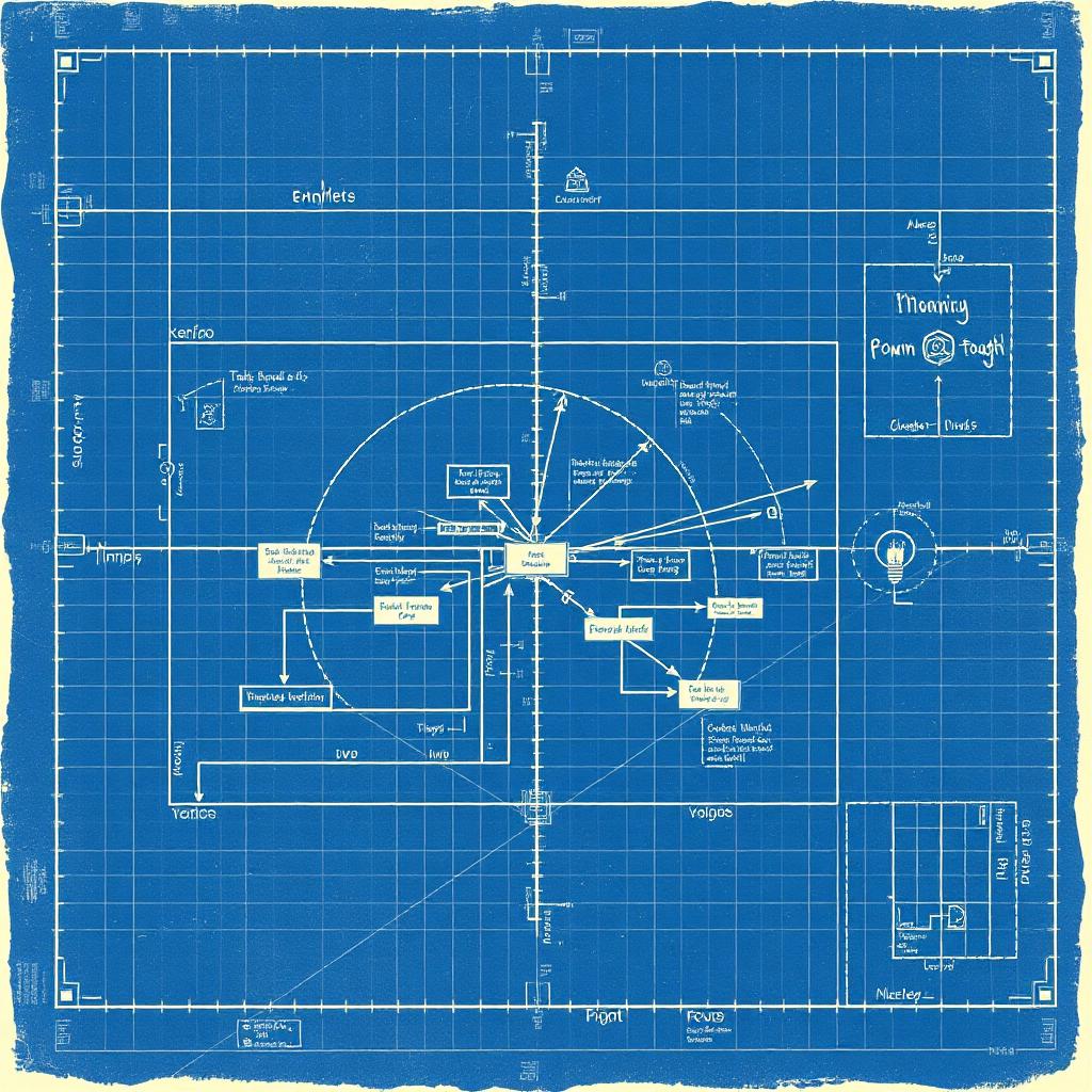 Blueprint schematic showing interconnected workflow nodes and bottleneck callouts