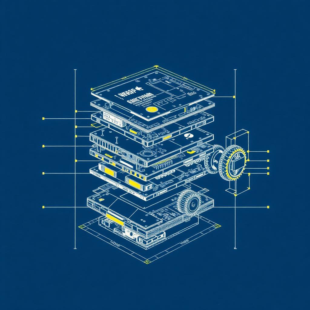 Exploded blueprint of stacked software components being assembled
