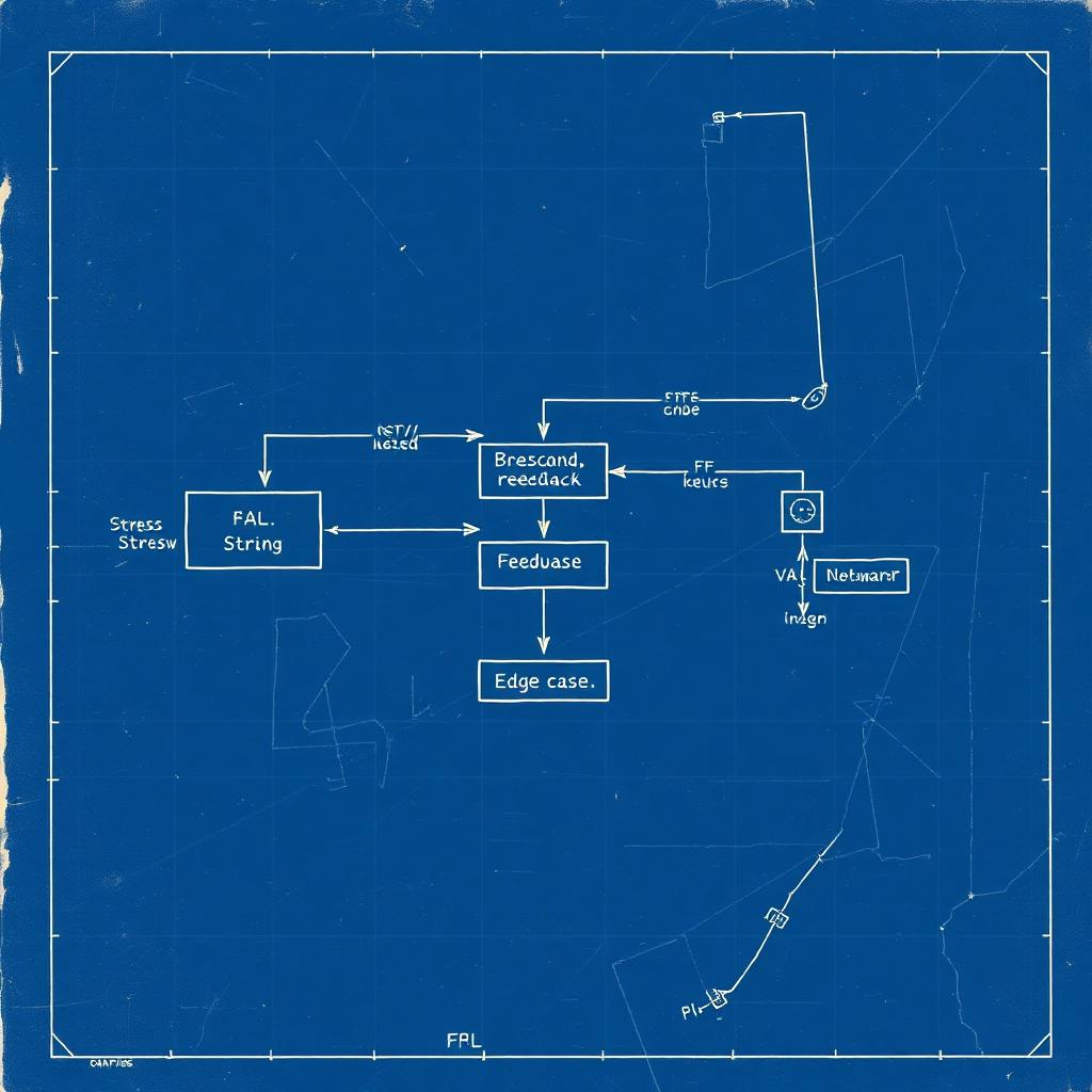 Blueprint diagram showing a system under stress test with feedback loops and edge-case callouts