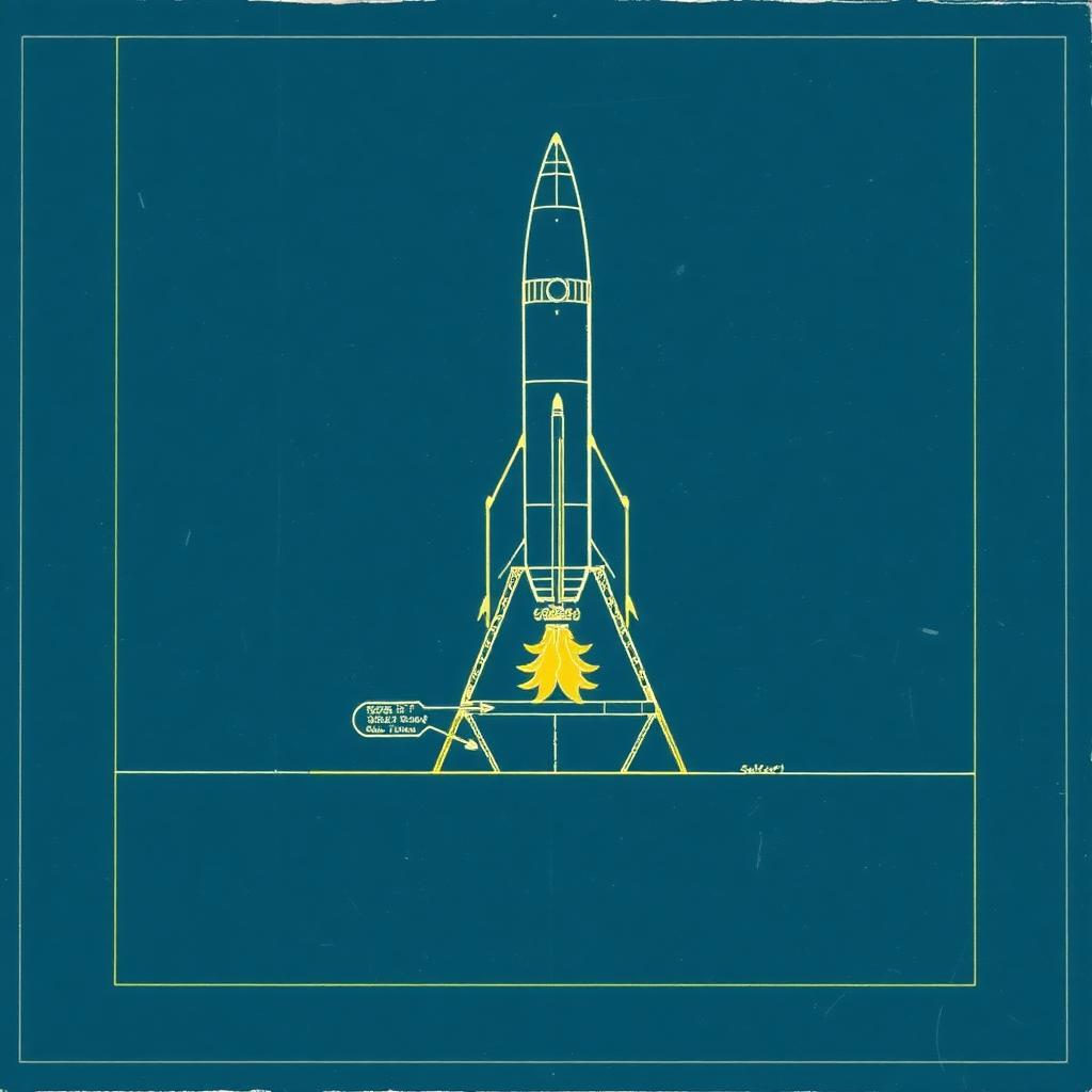 Blueprint drawing of a rocket on its launch platform with support struts